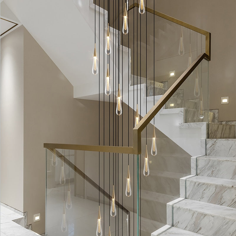 Modern Creative LED Lamp Pendant ForStair Lamp,Duplex Building Villa,Apartmenthigh Hanging Simple Crystal Gold Flowing Waterdrop