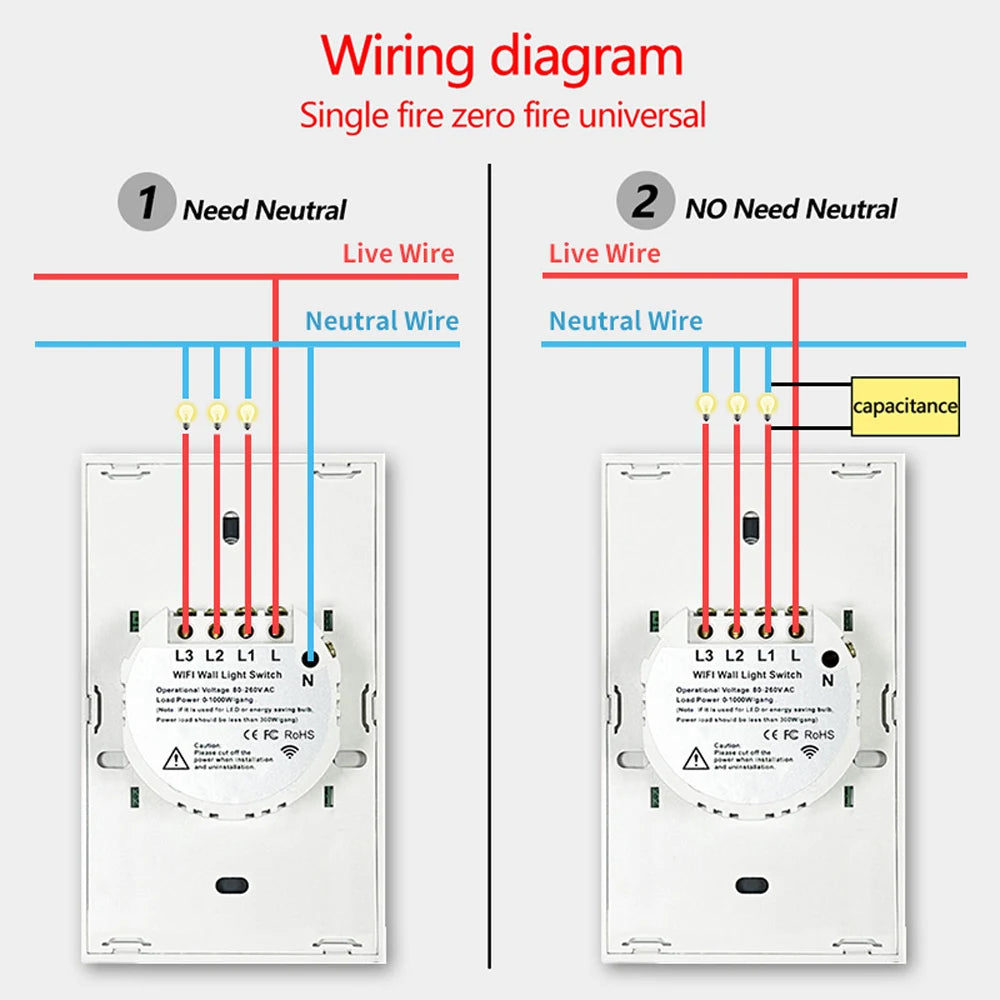 WiFi Smart Touch Light Switch (No Neutral Required) - RF433 Remote Wall Switch