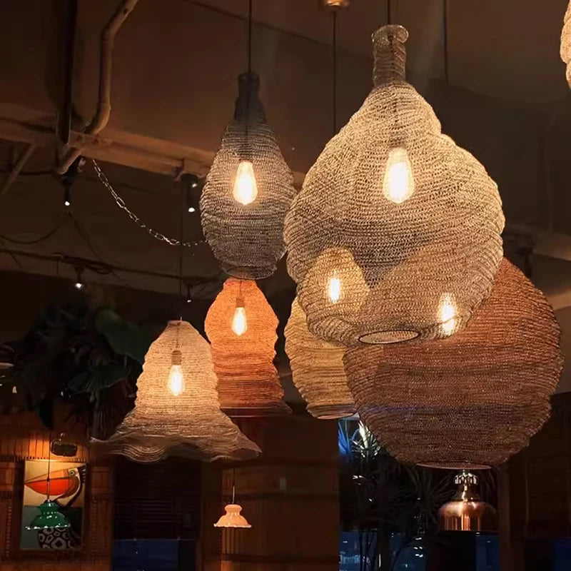 Wabi Sabi Style Pendant Lamp Hotel Restaurant Homestay Living Room Bedroom Bedside Lamp Wire Mesh Artistic Creative Lighting