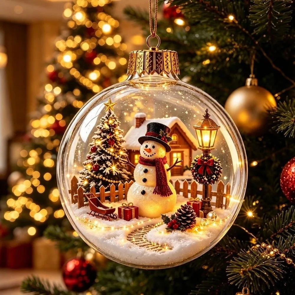 8cm Christmas Ball Ornament Transparent Acrylic Xmas Hanging Decoration DIY with Light Snowman Crystal Ball Holiday Ornament