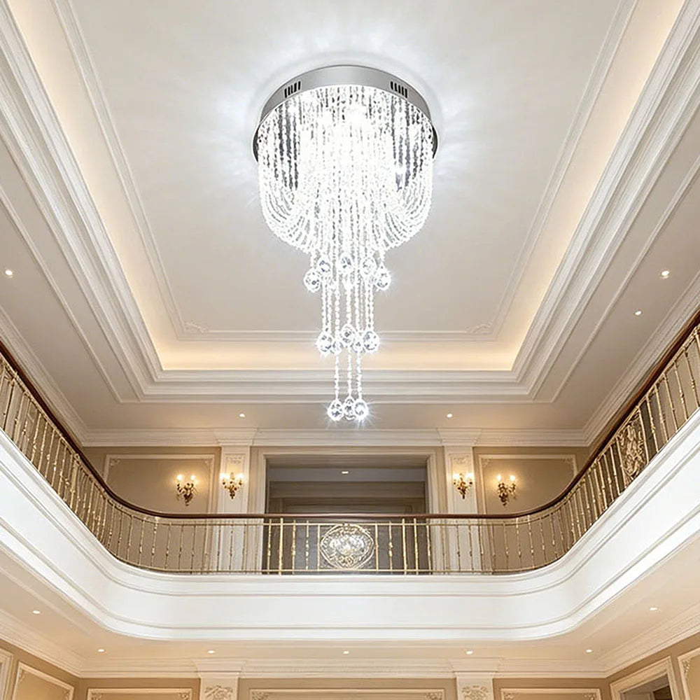 Luxury Raindrop Crystal Flush Mount Chandelier Long Vertical Design LED Ceiling Light For Duplex House Stairwell Entrance Hall