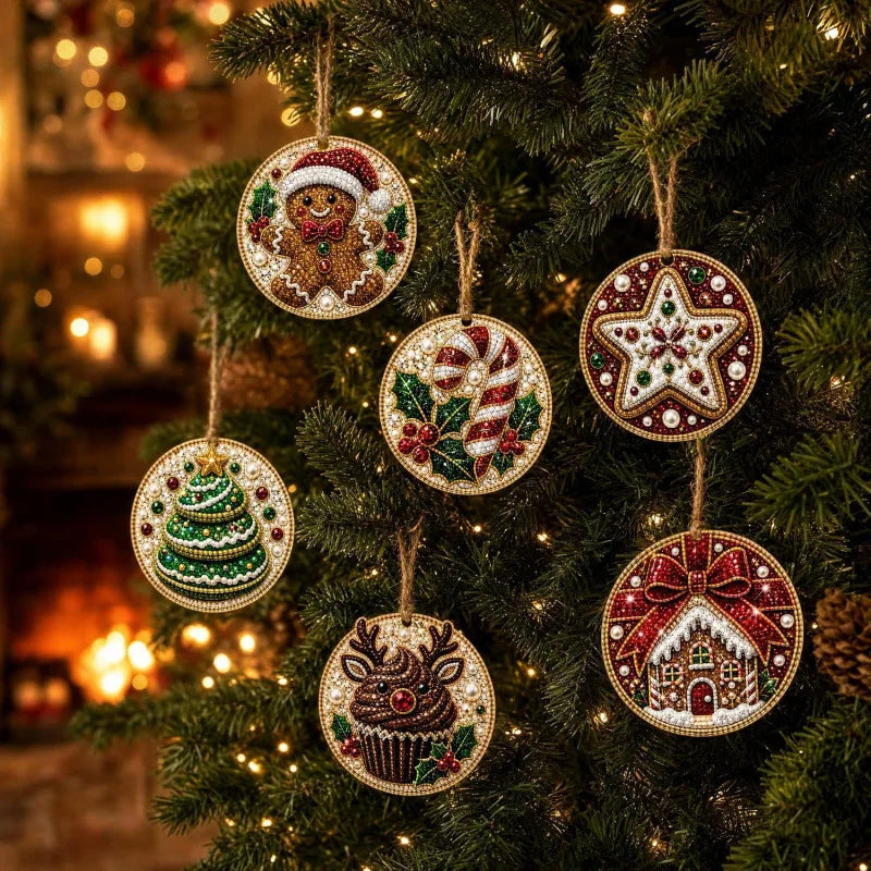 6Pcs Wooden Christmas Decoration DIY Pearl Art Kits for Adults, Xmas Tree Crafts Hanging Ornament Kit with Beads, Gems & Twine