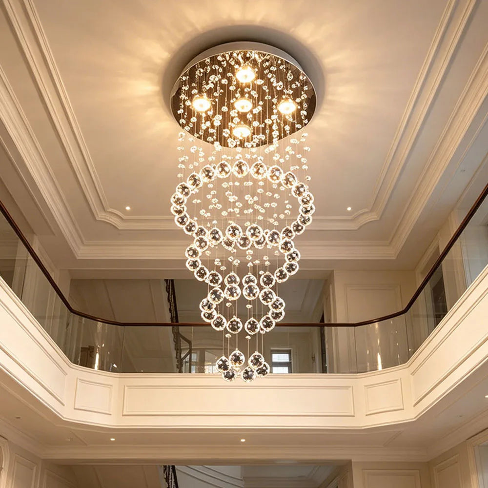 Multi Layer Waterfall Crystal Chandelier Round Ceiling Mount Pendant Light For Staircase Villa Hall Luxury Decor Fixture