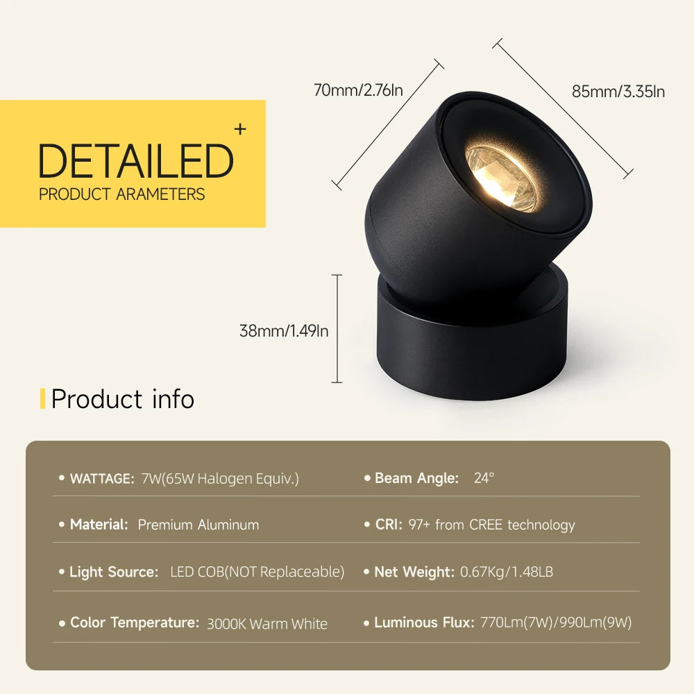 Surface Mounted LED Downlight Indoor Ceiling Light 7W/9W CRI97 Dimmable Adjustable Angle for Corridor Living Room Foyer