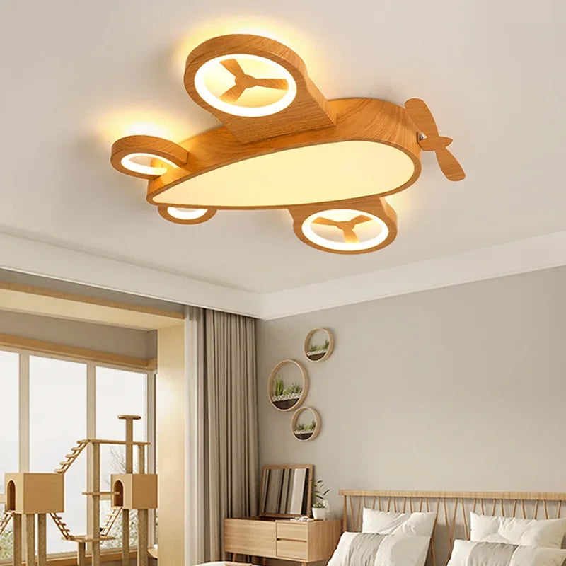 Children's Room Airplane Ceiling Lights Log Color LED Helicopter Light Nordic Modern Lamp Warm Youth Room Bedroom Chandelier