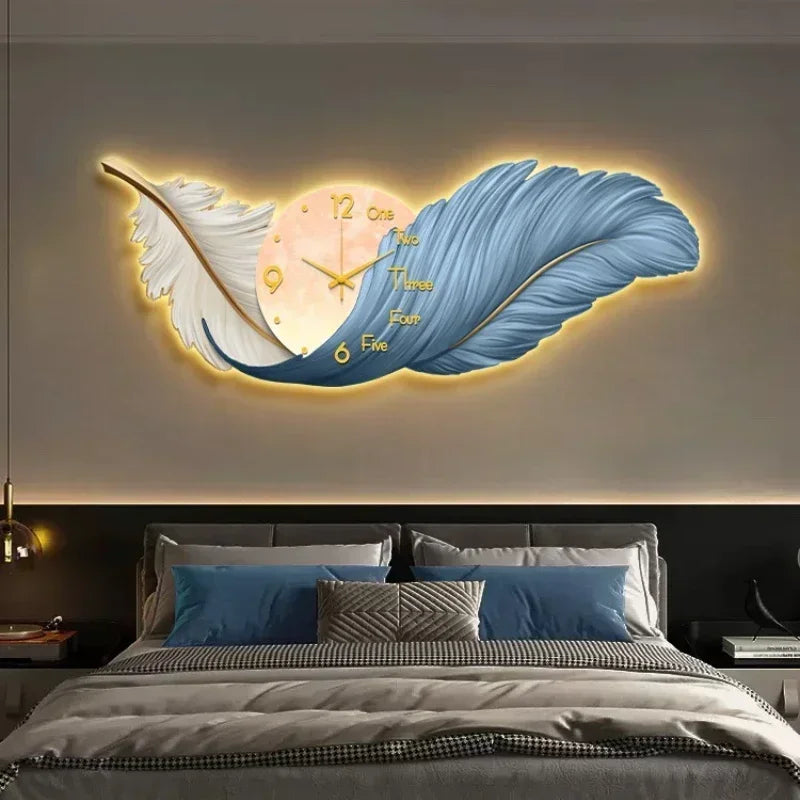 LED Wall Clock Light Luxury Large Art Clocks Living Room Decors  Painting Wall Watch Feather Silent Clock Renog Home Decoration