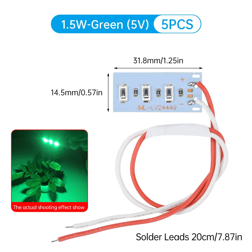 5-Pack 1.5W 5V 5730 SMD LED Color Lamp Boards with Wires - High-Brightness Light Source Modules (Red, Yellow, Green, Blue, Warm White)