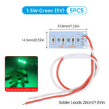 5-Pack 1.5W 5V 5730 SMD LED Color Lamp Boards with Wires - High-Brightness Light Source Modules (Red, Yellow, Green, Blue, Warm White)