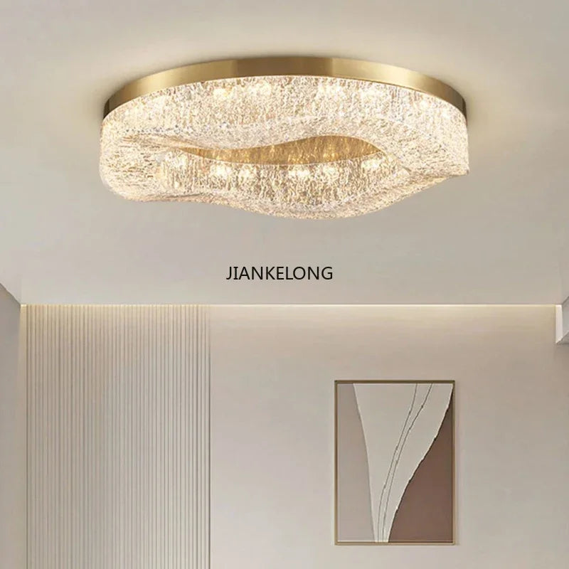 Modern Italian Luxury Living Room Crystal Ceiling Light, Golden Circular Copper Dining Room Home Decoration Lamp, LED Decoration
