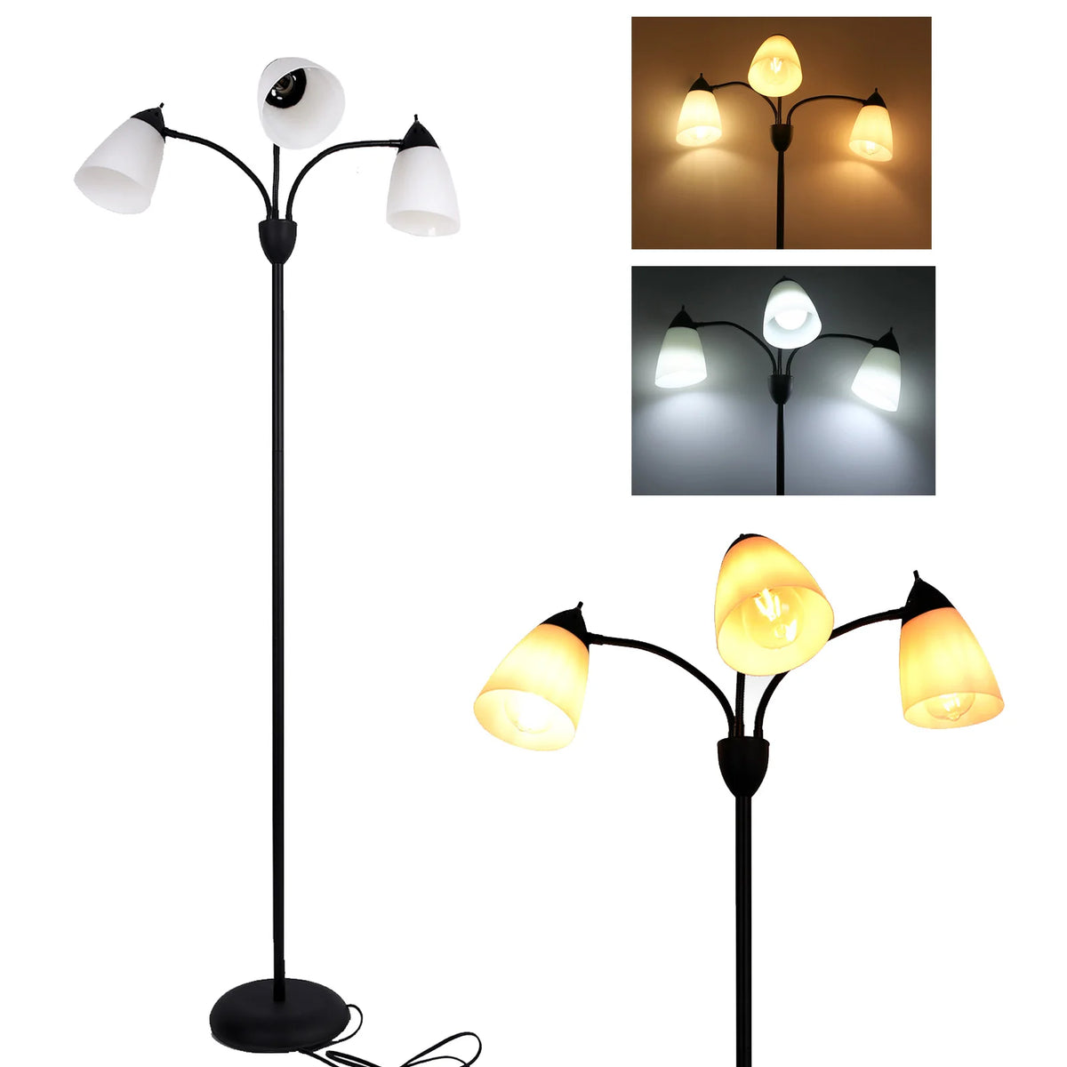 Modern Reading Floor Lamp, 3-Light Floor Lamp Black with Reading Lamp, Adjustable Flexible Tree Standing Lamp for Bedroom Study Room Office, Modern Multi Head Reading Floor Lights, E26 Base