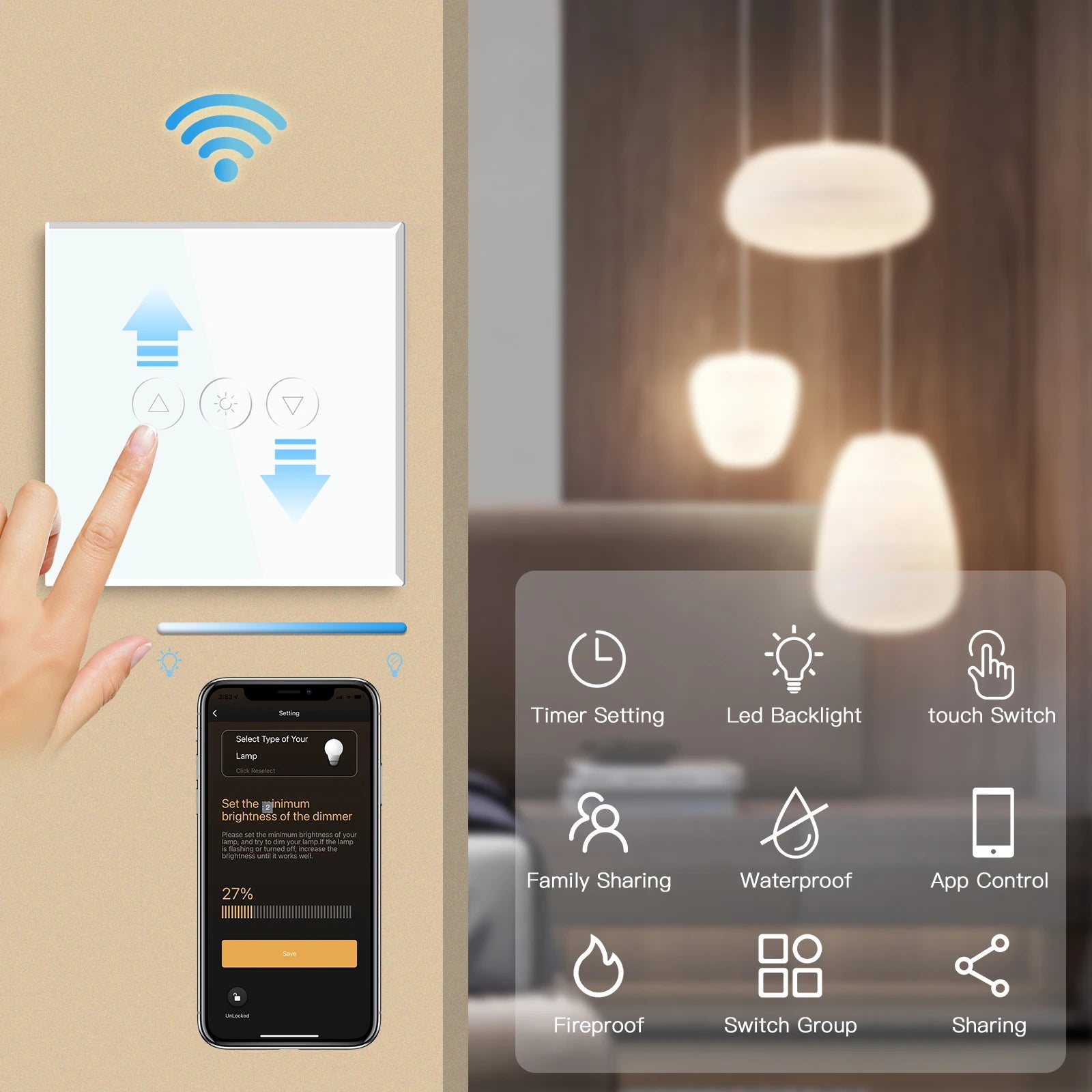 Single Smart Wifi Dimmer Switches 1Gang Wifi Control Dimmable Led Light Glass Panel Support Tuya Google Smart Life App