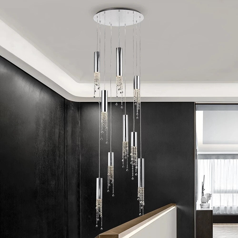 Modern Chrome Crystal LED Chandelier Luxury Large Cristal Staircase Hanging Fixture For Hallway Lobby Long Indoor Ceiling Lustre