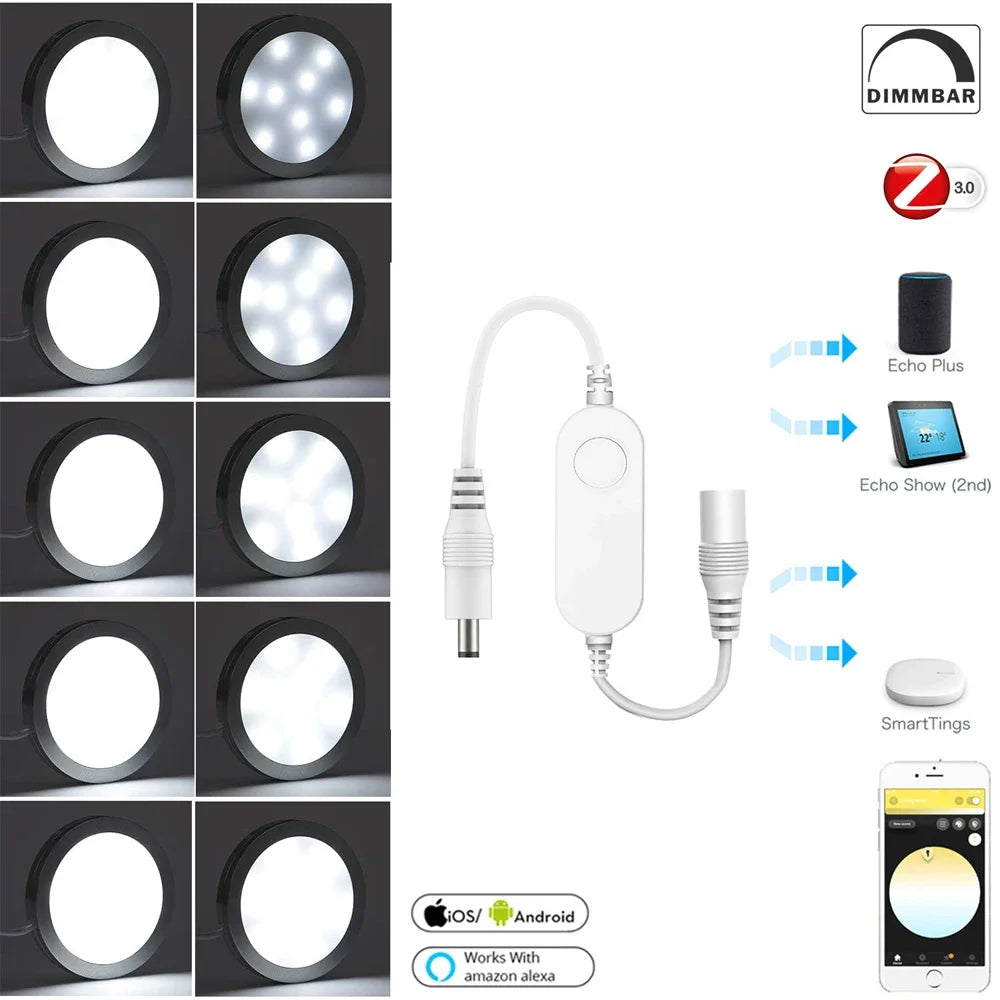 Zigbee3.0 DC12V Round Cabinet Lamp White 3000K/6000K Dimmable Timer Closet Shelf Tuya APP Voice Control for Alexa Google 2-9Pcs