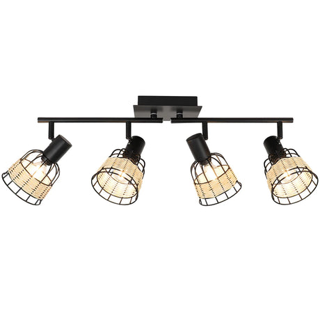 Vintage Track LED 2/3/4/6 Light Ceiling Spotlight Rustic Metal and Rattan Light Industrial Track Lamp for Foyer E12