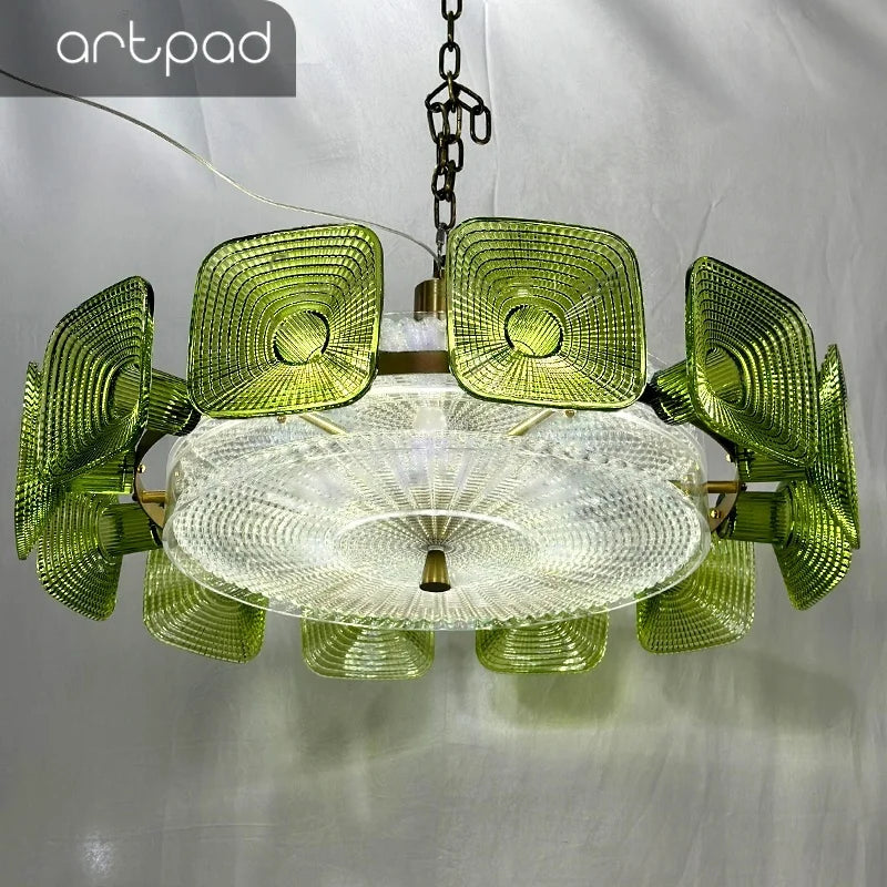Vintage Glass Petal Chandelier for Living Room Dining Room French Green Cear Glass Hanging Pendant Chandelier Lights Bedroom