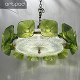 Vintage Glass Petal Chandelier for Living Room Dining Room French Green Cear Glass Hanging Pendant Chandelier Lights Bedroom