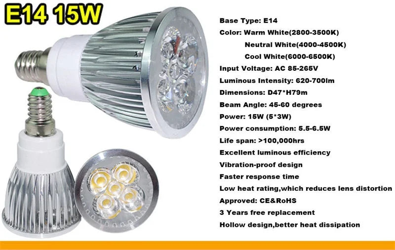 High Brightness LED Spotlight Bulb - E27 E14 GU10 MR16 Base (9W 12W 15W)