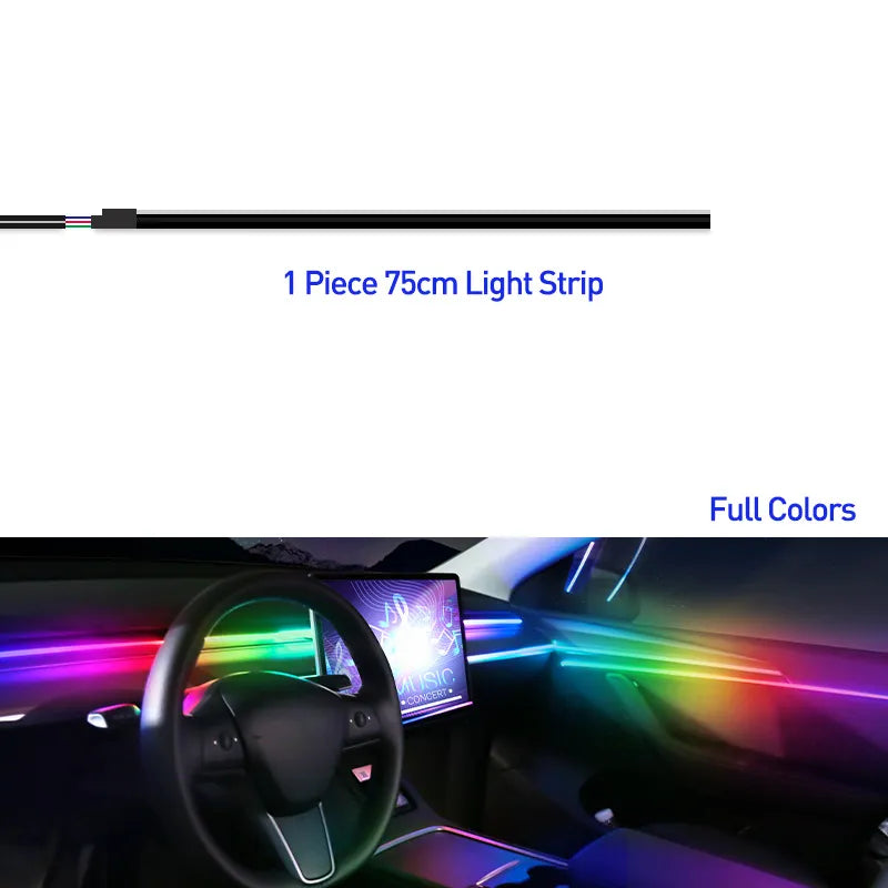 Car's atmosphere with 18 acrylic strips in 64 Colors , controlled by a Bluetooth app.