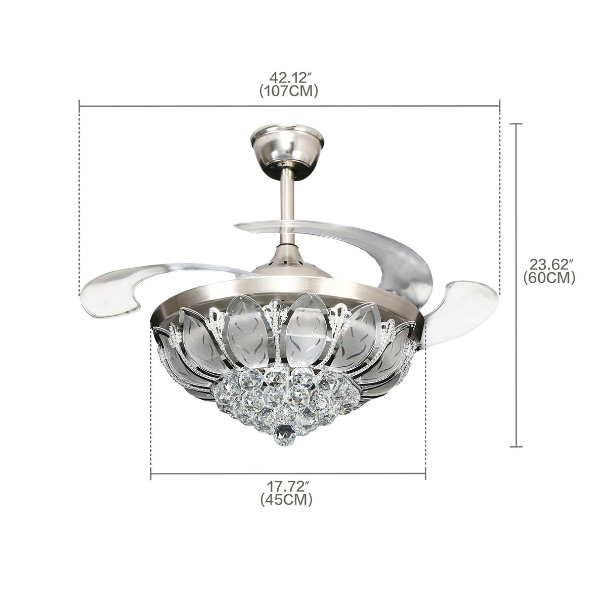 Chandelier Lamp Ceiling Fan 4-Blade Retractable With Crystal LED Light Remote Color Changeable For Living Room Bedroom