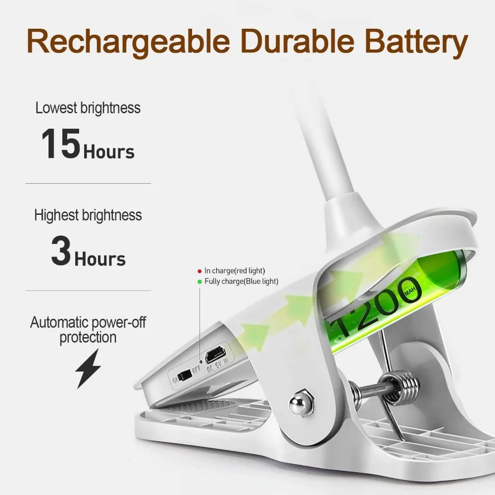 3 Level Brightness Clip on Desk Lamp Portable LED Reading Night Light Rechargeable Desk Light Dimmable Study Book Light Lamp