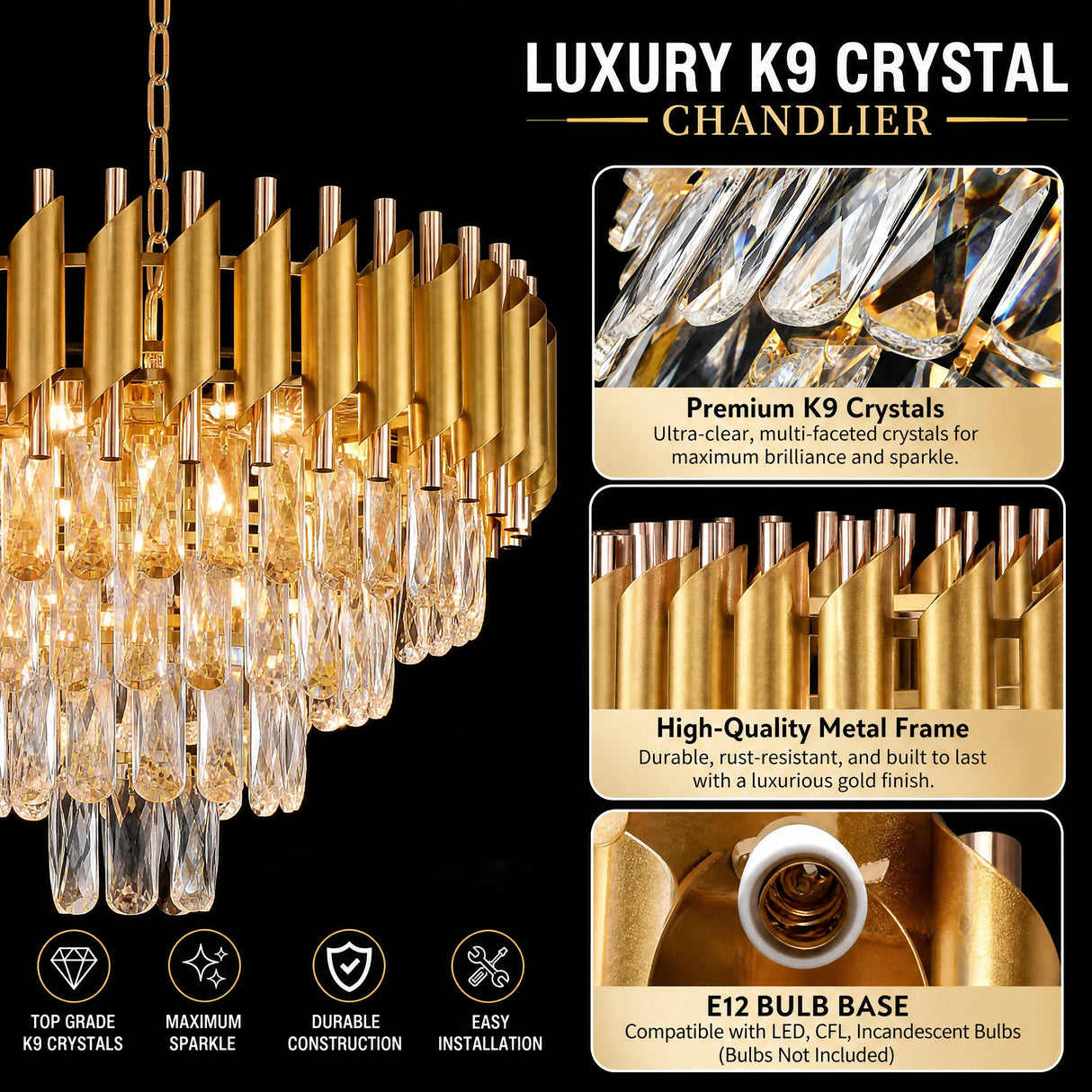 Modern Gold Round Crystal Chandelier, 5-Tier Raindrop K9 Crystal Pendant Light Adjustable Chain Luxury Ceiling Light Fixture for Dining Room Kitchen Island Living Room Bedroom
