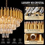 Modern Gold Round Crystal Chandelier, 5-Tier Raindrop K9 Crystal Pendant Light Adjustable Chain Luxury Ceiling Light Fixture for Dining Room Kitchen Island Living Room Bedroom