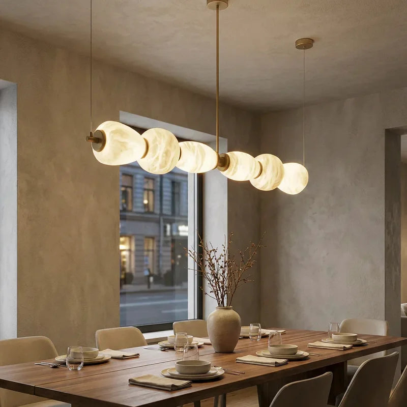 Modern Natural Alabaster Linear LED Chandelier - Brass & Marble Hanging Pendant Lamp for Dining Table, Kitchen Island & Living Room