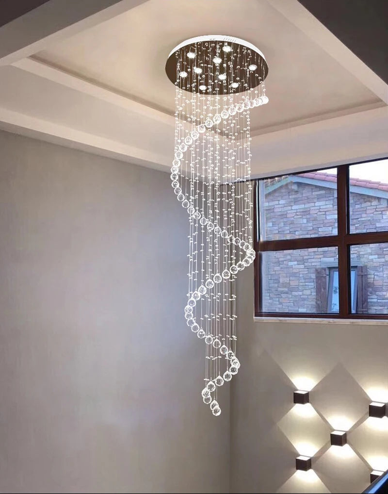 Large LED Spiral Chandelier Modern K9 Crystal Lighting Fixture for Stair Bedroom Hotel Living Room Showcase
