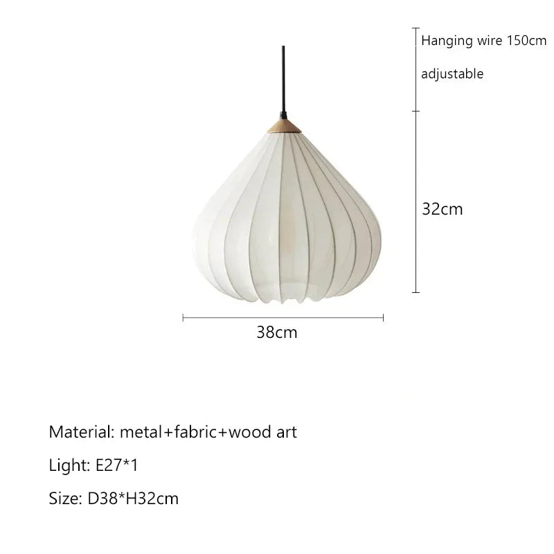 French Minimalist Onion-Shape Fabric Pendant Light - Wabi-Sabi Cloth Shade Ceiling Lamp Fixture for Living Room, Bedroom, Cafe & Kitchen