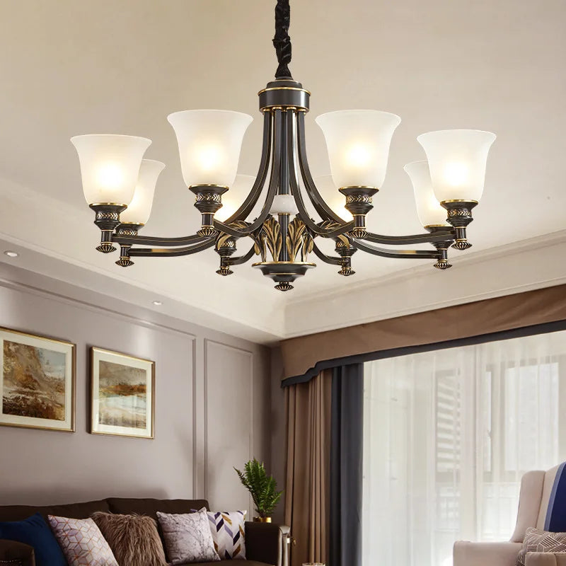Solid Brass Chandelier with Glass Shades - 3-Color LED Luxury Dining Room Light