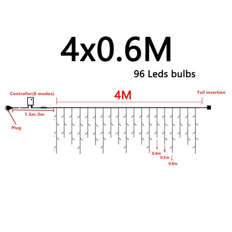 4M AC 220V Christmas Garland LED Curtain Icicle String Lights Droop 0.6m Garden Street Outdoor Decorative Holiday Light