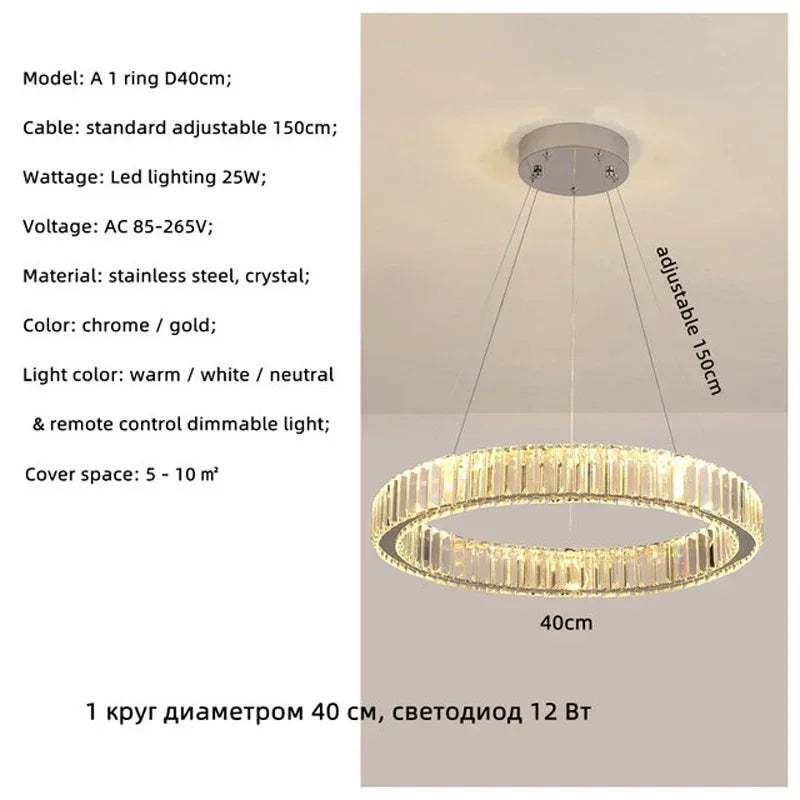 Luxury Design Gold Crystal LED Chandelier K9 Crystal Dimmable Pendant Light for Living Room Bedroom Hotel Villa Decor