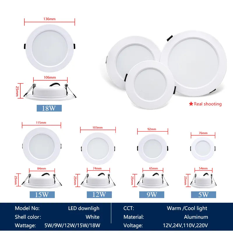 10Pcs/Lot Led Downlight 110V 220V Ceiling Light 5W 9W 12W 15W 18W Recessed Round Panel Light DC12V 24V Spotlight Indoor Lighting