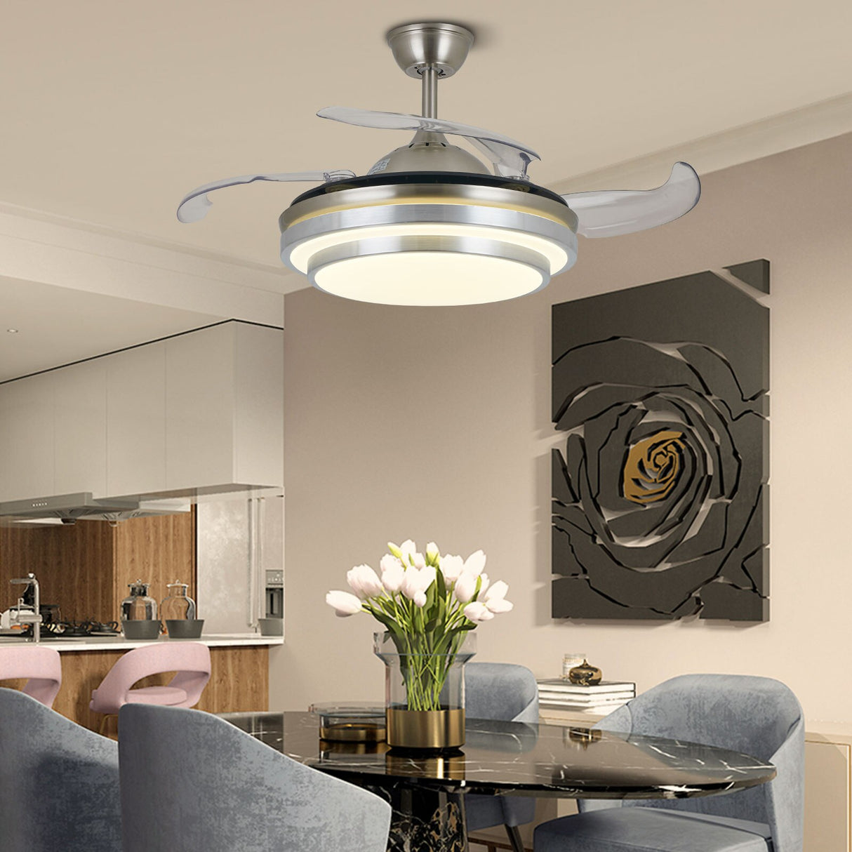 Modern Ceiling Fan with LED Light Kit and Remote Control Retractable Fan Blade for Indoor Bedroom Home Application Summer