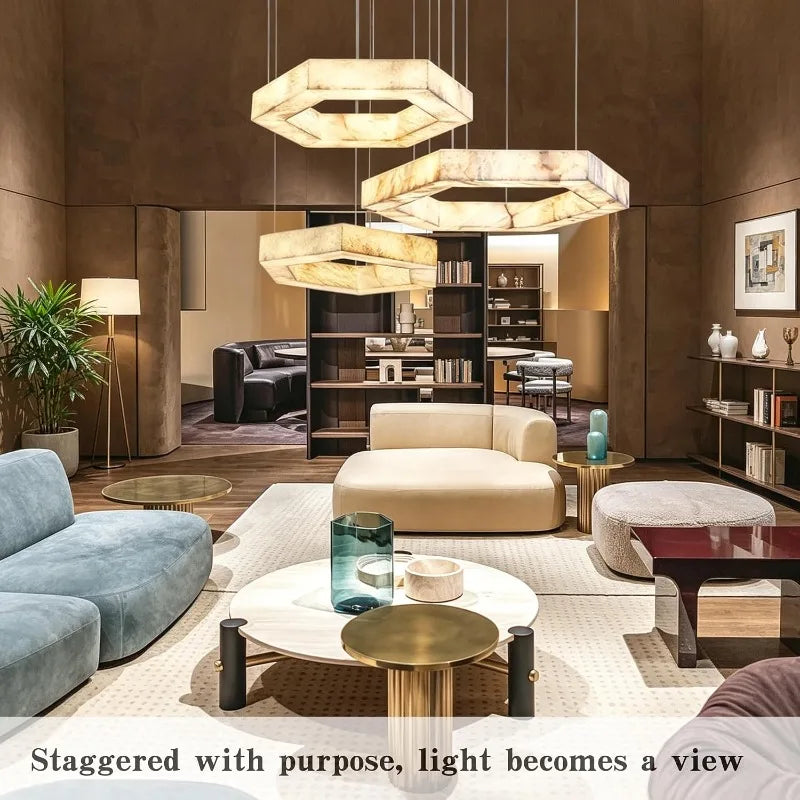 Artificial Marble Pendant Light (Imitation Alabaster) - Modern LED Ceiling Hanging Lamp Fixture for Living Room, Dining Room, Hotel & Villa Decor