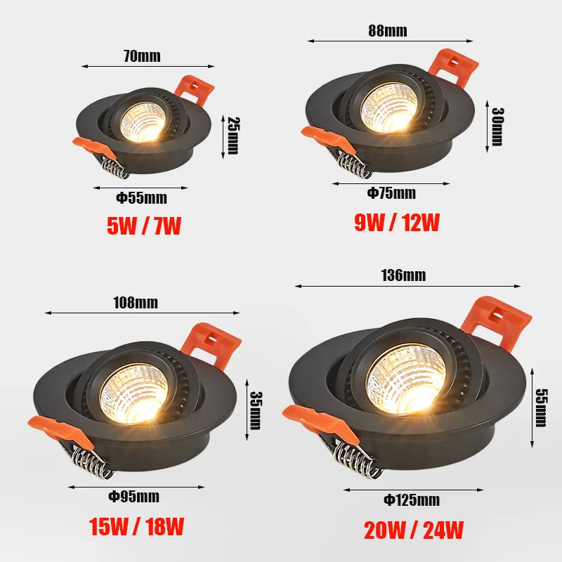 Dimmable Recessed COB LED Downlights 360° Rotating 9W 12W 15W 18W 20W 24W Ceiling SpotLights AC85~265V Lobby Living Room Bedroom