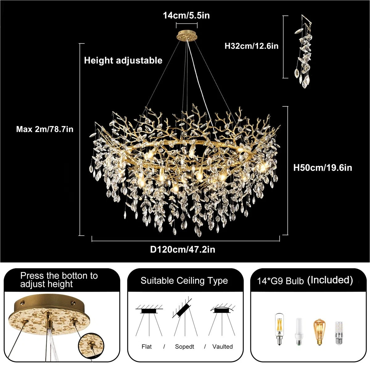 Retro K9 Crystal Tree Branch Chandelier - Modern LED Pendant Light Fixture for Villa Lobby, Foyer, Living Room & Weddings