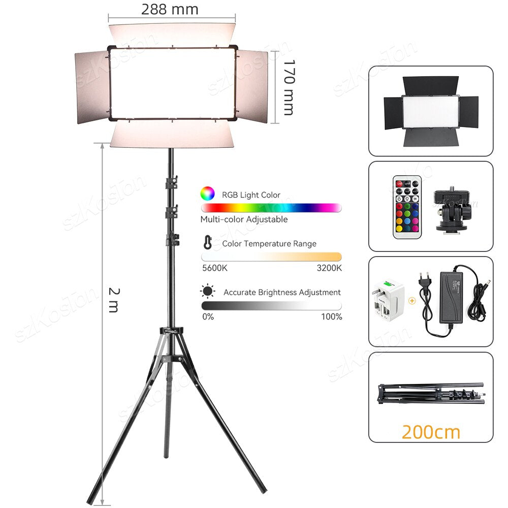 U800+ U600+ LED Video Light Photo Studio Lamp Bi-Color RGB Dimmable with Tripod Stand Remote for Photography Live Steaming