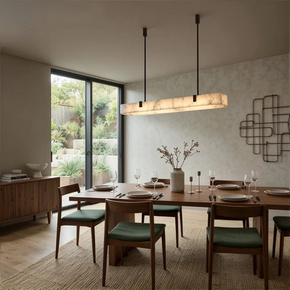 Modern Natural Marble LED Pendant Light - Rectangular Alabaster Chandelier Fixture for Living Room, Kitchen Bar & Dining Room