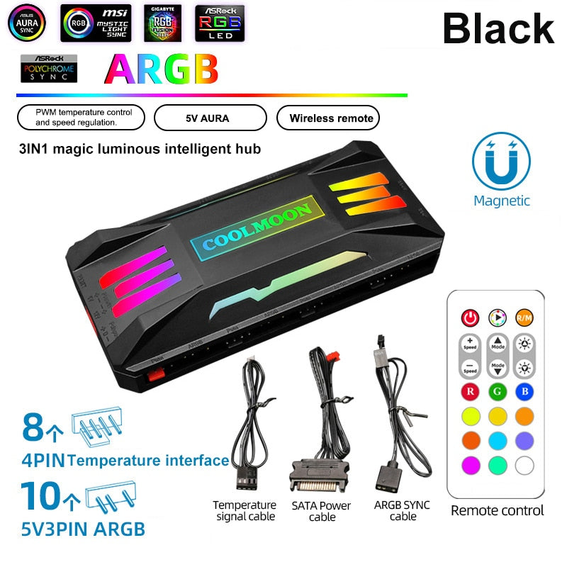 5V/3Pin ARGB 4Pin Fan PWM HUB 1To8 Music Rhythm Temperature Controller Aura Sync Cooling Fan Remote Control Chassis Hub