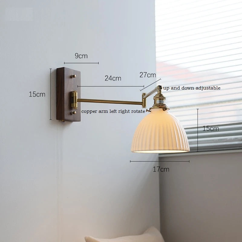 IWHD Pull Chain Switch LED Wall Lamp Beside Bedroom Living Room Light Arm Left Right rotate Wood Canopy Applique Murals Sconce