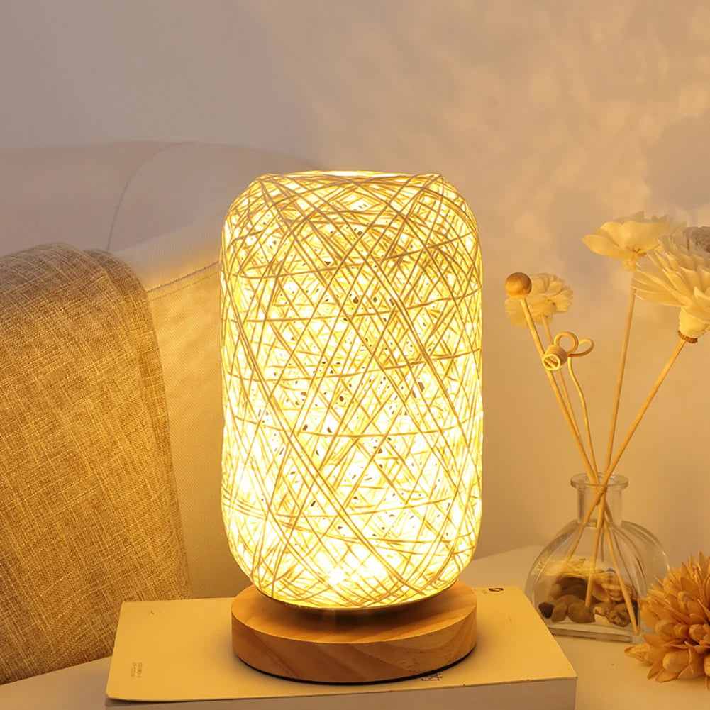 Led Night Light Wooden Rattan Twine Table Lamps Dimmable Light Desk Lights Home Art For Power Bank Bedroom Bedside Decoration
