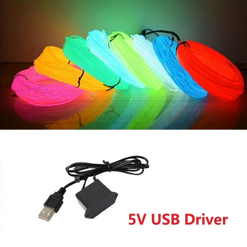 10/5/3/1M EL Wire Light Strip Battery USB Switch Neon Glowing String Lights DIY Rope Tube Halloween Blacklight Multicolor Decor