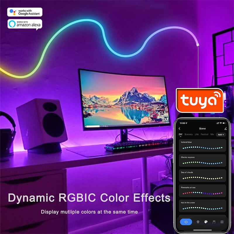 Neon LED Strip Lights With Music Sync 10M/32.8ft 84LEDs/M Addressable Neon Rope Light Work with Alexa Google Assistant