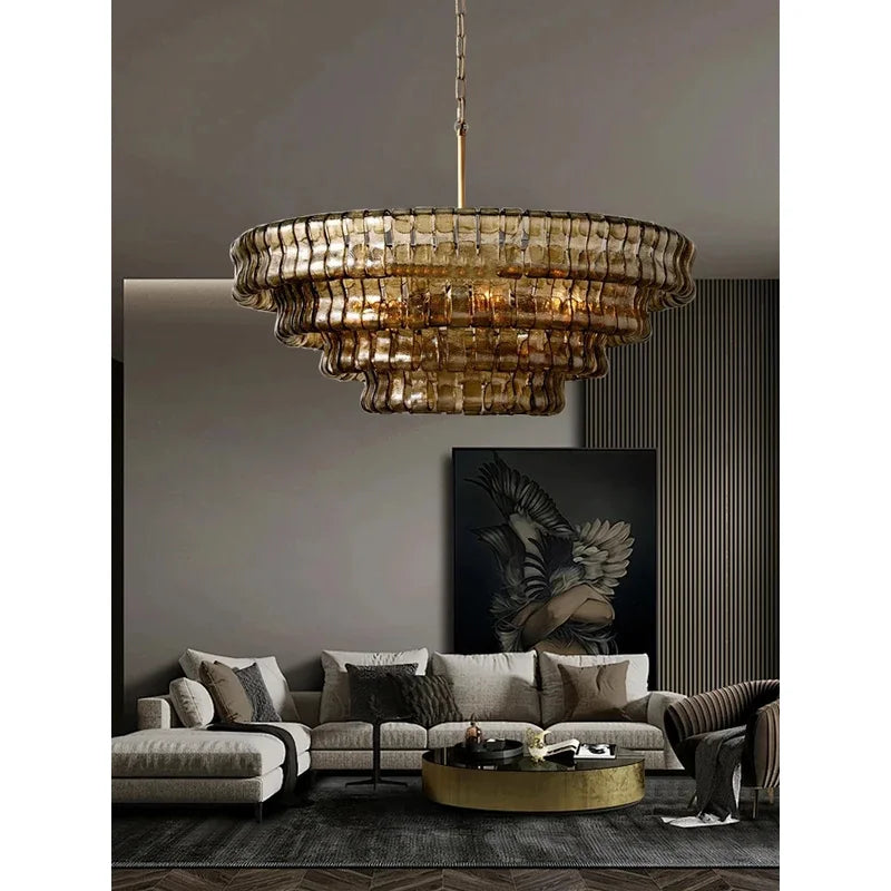 Gray Glass Ceiling Chandeliers 2025 Classic Round Hanging Lamps for Ceiling Home Decoration Lighting Gold Lustres Lamparas