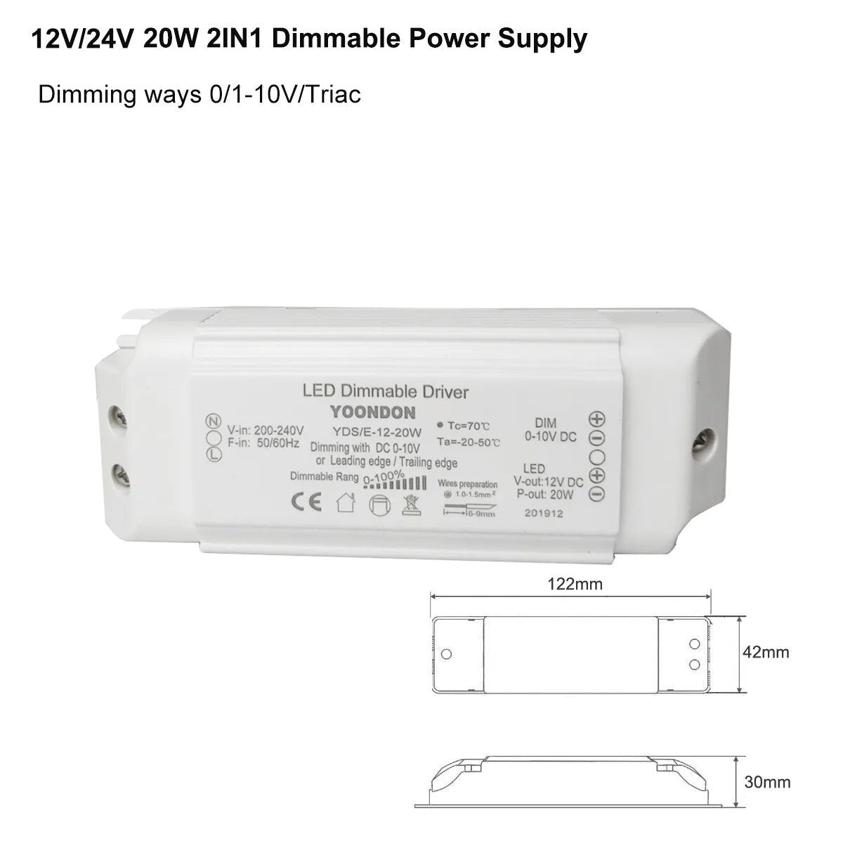 AC 220V Dimmable LED Driver DC12V/24V 20W 40W 60W Triac & 0-10V Dimming 2in1 Power Supply Lighting Transformer