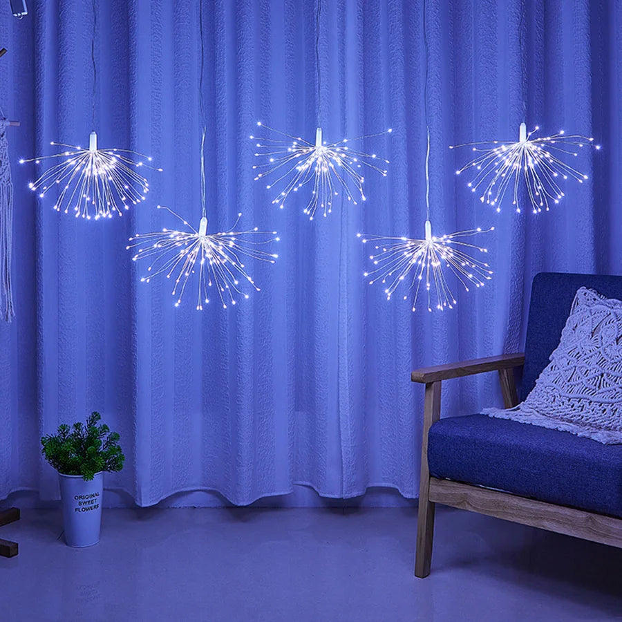Connectable Firework Light 5 Pack 600 LED Starburst Light 8 Modes LED Copper Wire Fireworks String Light Christmas Fairy Garland