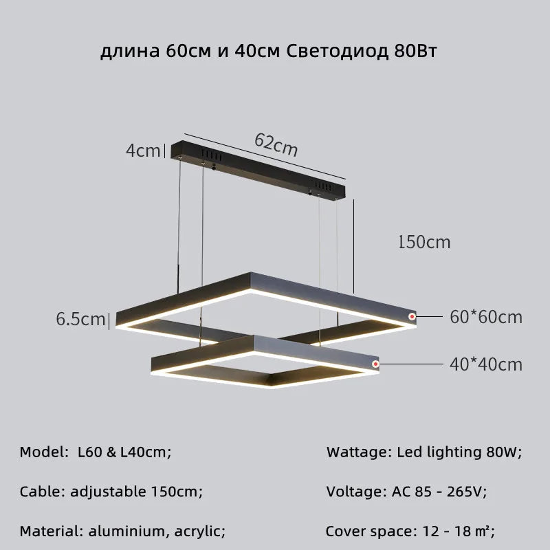 Modern Square LED Pendant Lamp Table Dining Living Room Hanging Light Bedroom Kitchen Hall Chandelier Home Decor Lighting Fixtur
