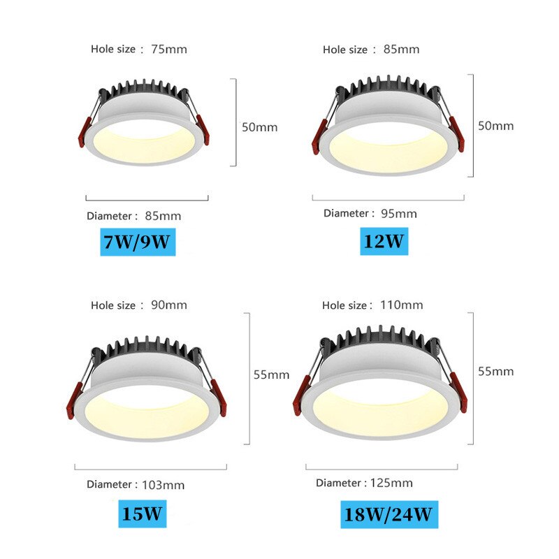 Recessed Anti-glare LED Downlight 15W 18W Dimmable 85-265V Ceiling Lamp Spot Light 12W Home Living Room Bedroom Lighting