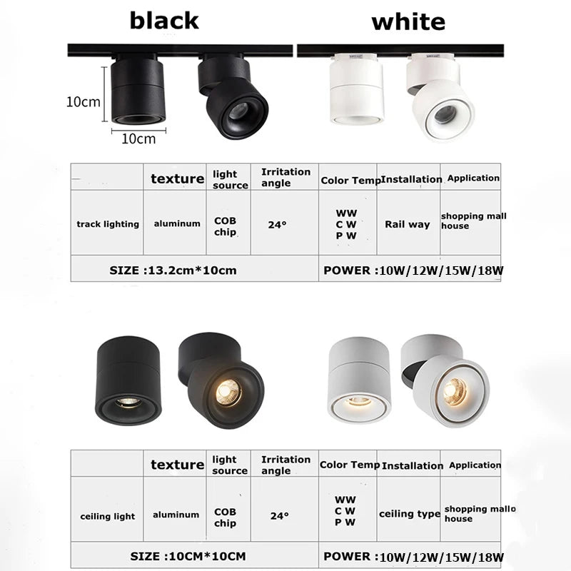 350° rotation 90° up and down folding adjustable light mounting and track spotlights suitable for home merchants 10W,12W,15W,18W